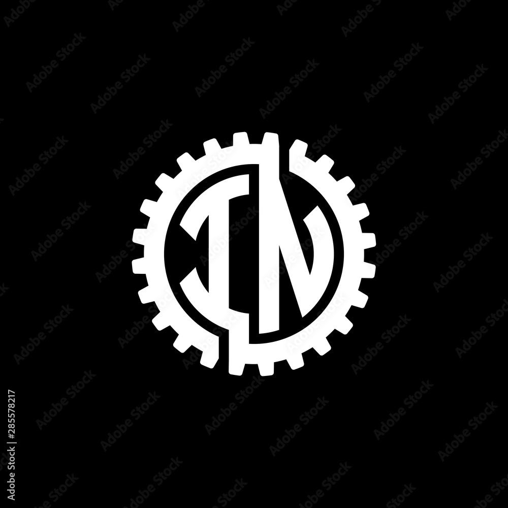 Initial letter I and N, IN, interlock cogwheel gear monogram logo, white color on black background Initial letter I and N, IN, interlock cogwheel gear monogram logo, white color on black background