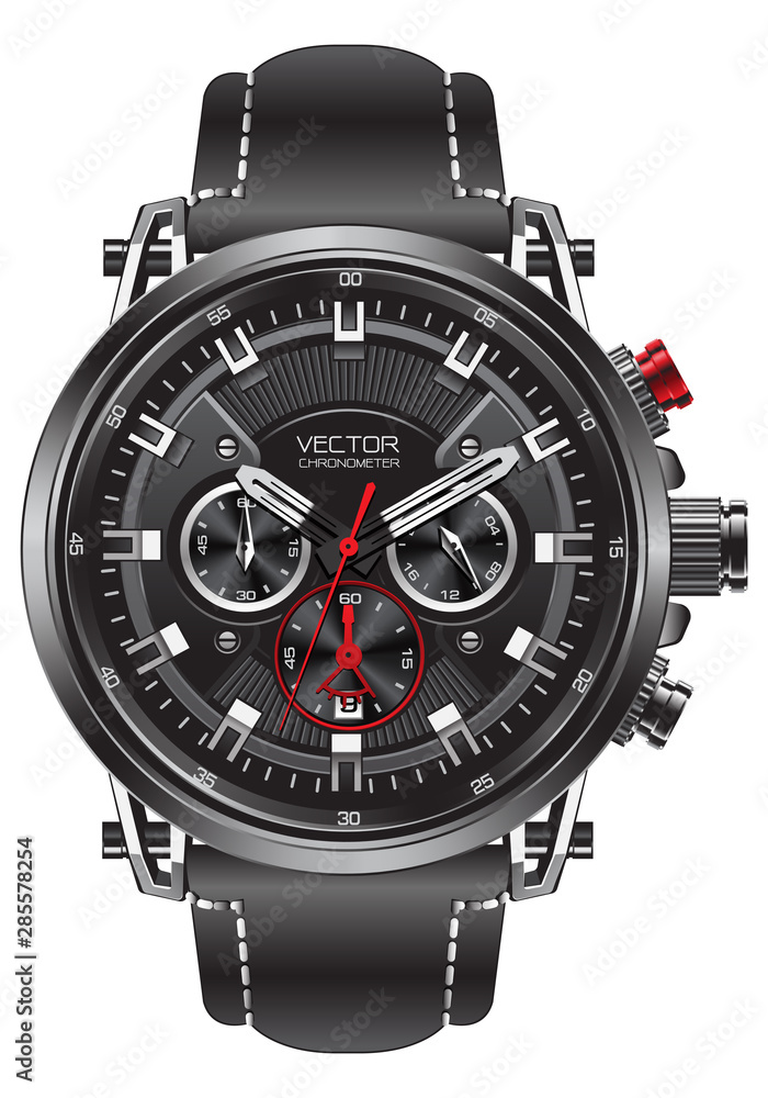 Realistic clock watch sport chronograph black silver red steel for men luxury on white background object vector illustration. Realistic clock watch sport chronograph black silver red steel for men luxury on white background object vector illustration.