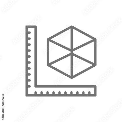 Sizes of 3 dimensional model products, 3D modeling line icon.