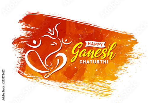 Happy Ganesh Chaturthi. Indian Festival of lord Ganapati Banner, Logo design, Sticker, Concept, Greeting Card Template, Icon, Poster, Unit, Label, Web, Mnemonic on Orange paint brush stroke Background