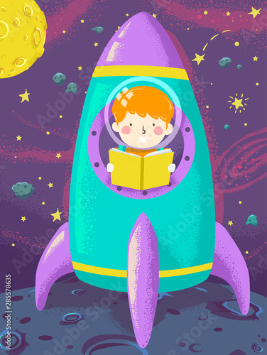 Kid Boy Read Book Space Shi...