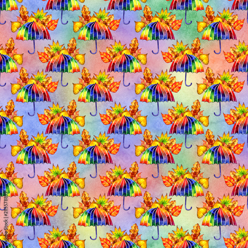 Watercolor seamless pattern with rainbow umbrellas. Digital clipart for printing