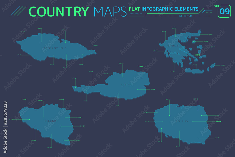 Fototapeta premium Poland, Czech Republic, Austria, Belgium and Greece Vector Maps