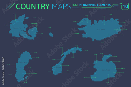 Sweden, Norway, Denmark, Iceland and Ireland Vector Maps