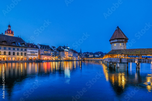 Nigth view of city center of Lucerne with famous Chapel Bridge and lake Lucerne (Vierwaldstatersee), Canton of Lucerne, Switzerland