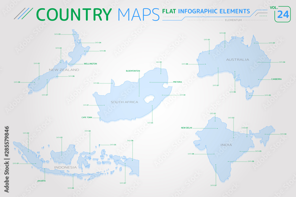 New Zealand, Australia, Indonesia, India and South Africa Vector Maps