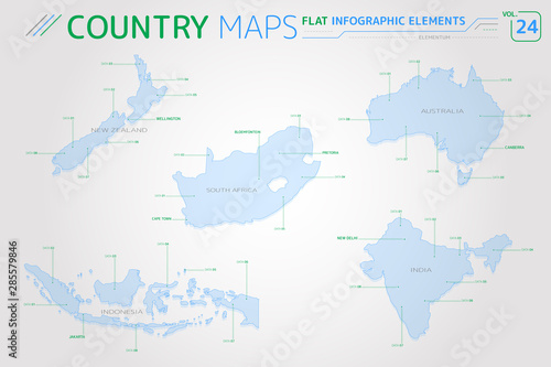 New Zealand, Australia, Indonesia, India and South Africa Vector Maps