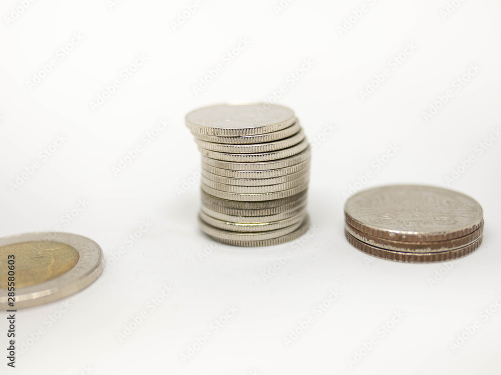Coin Thai,Pile of coins heap of coins silver gold,Stacks on a white background,Investment money concept, Coin stack growing,Isolated