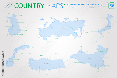 Finland, Russia, Turkey, Norway, China and Japan Vector Maps