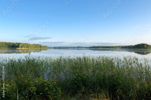 View of the beautiful lake , in the foreground overgrown with grass . The climate of Northern Europe