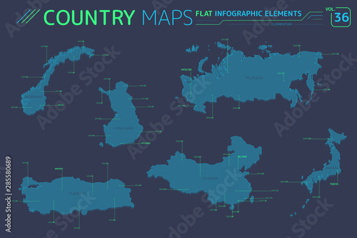 Russia  Finland  Turkey  Norway  China and Japan Vector Maps