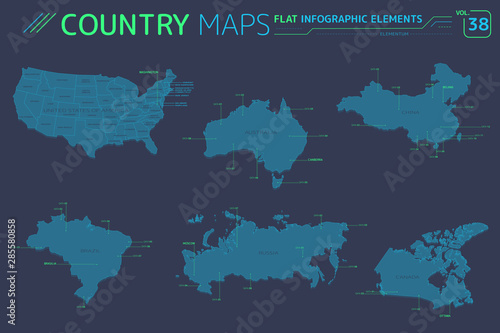 Russia, Canada, China, United States, Brazil and Australia Vector Maps
