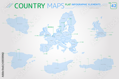 European Union, Belgium, Austria, Cyprus, Spain and United Kingdom Vector Maps