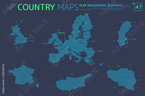 European Union, United Kingdom, Belgium, Sweden, Cyprus and France Vector Maps