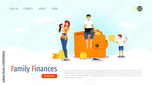 Web page design template for Family Finances, Capital, Profits and Savings with young family, purse and cash. Vector illustration in a flat style for poster, banner, presentation, flyer.