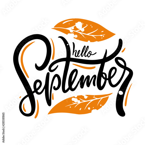 Hello September hand drawn vector lettering. Autumn phrase.