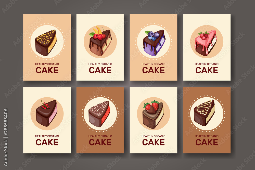 Templates with different kinds of dessert: cake, pie. For your design, announcements, postcards, posters, restaurant menu. Template with different desserts with fruits. Vector.
