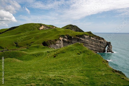 dramatic coastal and farmland countryside at Cape Farewell in Nelson New Zealand
