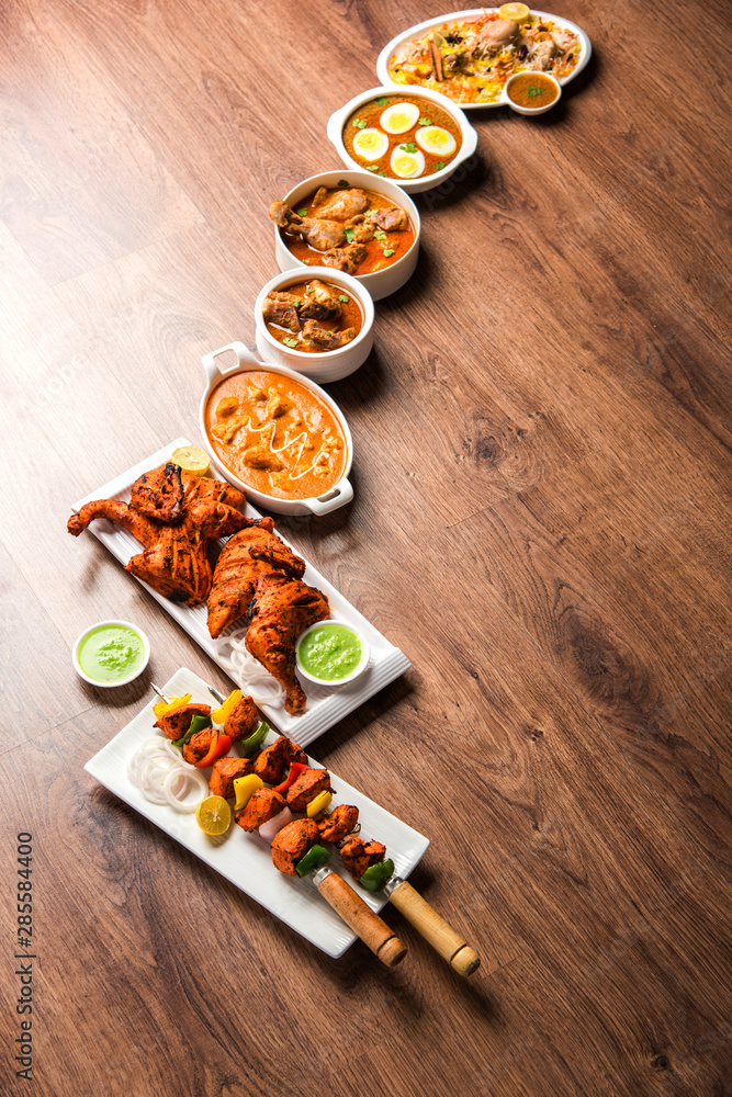Assorted Indian Non Vegetarian food recipe served in a group. Includes