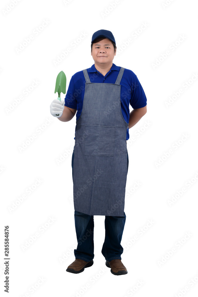 asian worker man in blue shirt with apron and protective gloves hand holding shovel isolated on white asian worker man in blue shirt with apron and protective gloves hand holding shovel isolated on white