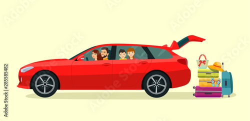 Family sits in the station wagon car with an open trunk. Suitcase, bags and other luggage next to the trunk of the car. Vector flat style illustration.