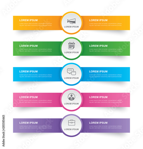 Infographics tab in horizontal paper index with 5 data template. Vector illustration abstract background. Can be used for workflow layout, business step, banner, web design.