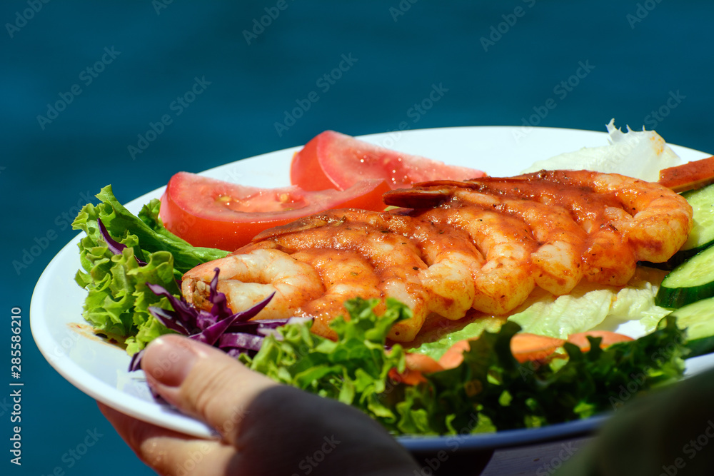 Female hand holds a white plate. Mediterranean shrimps are laid out on a plate. Dish on the background of the sea. Concept - Sea Food Female hand holds a white plate. Mediterranean shrimps are laid out on a plate. Dish on the background of the sea. Concept - Sea Food