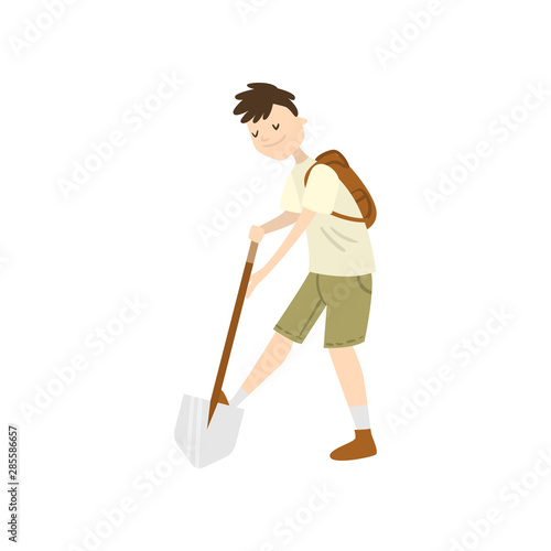 Man archaeologist with a shovel in action. Raster illustration isolated on white background