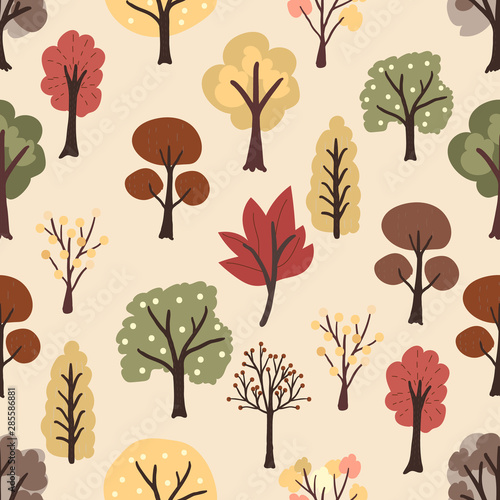 flat style autumn trees on yellow background seamless pattern