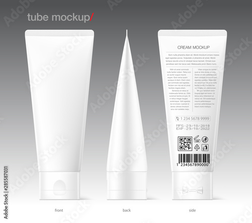 Blank plastic tube for cosmetics with product information. Front, back and side view. Vector illustration isolated on white background. Can be use for your design, advertising, promo and etc. EPS10.