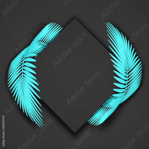Abstract black and blue modern background of a square frame surrounded by two rounded fluffy palm leaves. 3D illustration.3D render