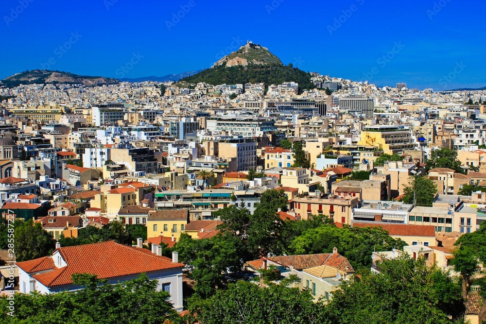 View of Athens city, Greece,  with Lycabettus hill in the background.