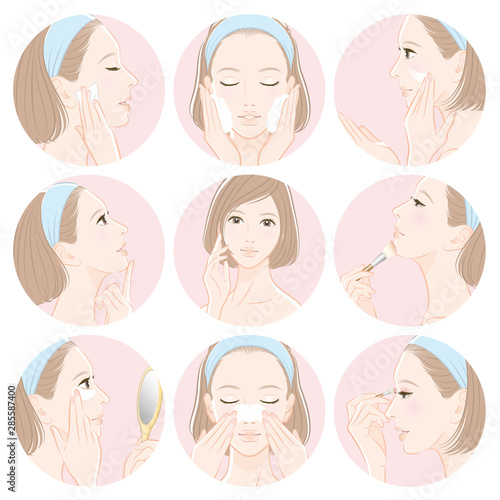 スキンケアをしている女性のイラスト