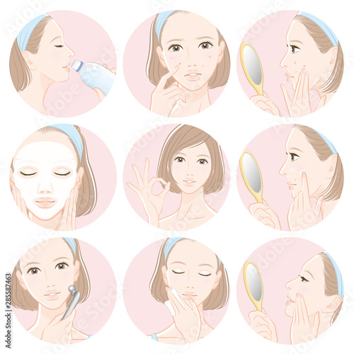 スキンケアをしている女性のイラスト