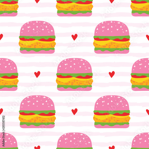Cute kawaii pink burger, cheeseburger or chicken burger vector seamless pattern background with hearts and stripes.