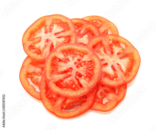 Tomato slices isolated on white background.