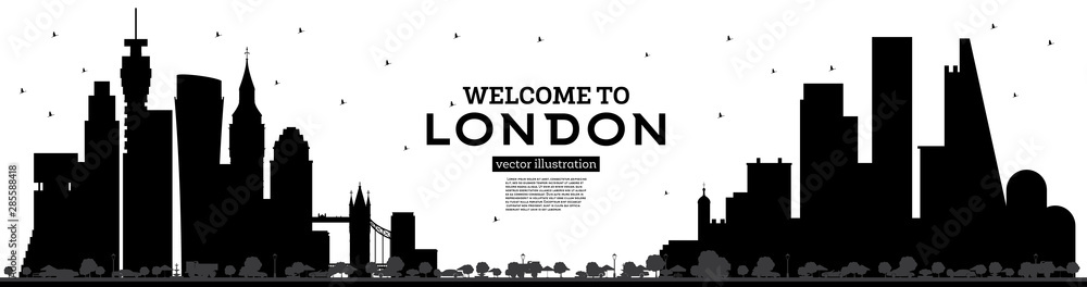 Fototapeta Welcome to London England Skyline Silhouette with Black Buildings Isolated on White.
