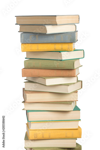 Stack of books and hardcover books and textbooks isolated on white background.