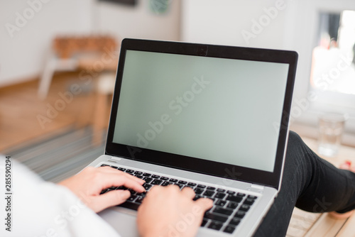 woman laptop computer office supplies technological devices inside home