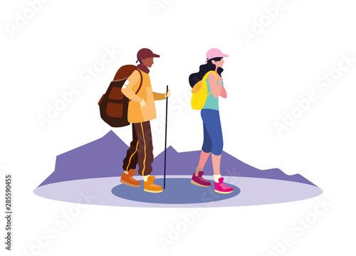 young couple backpacker in mountain landscape