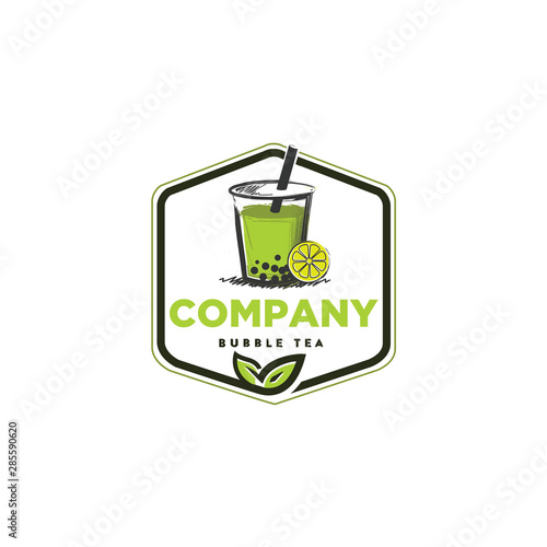 Cute bubble tea vintage drawn logo design, green color flavor