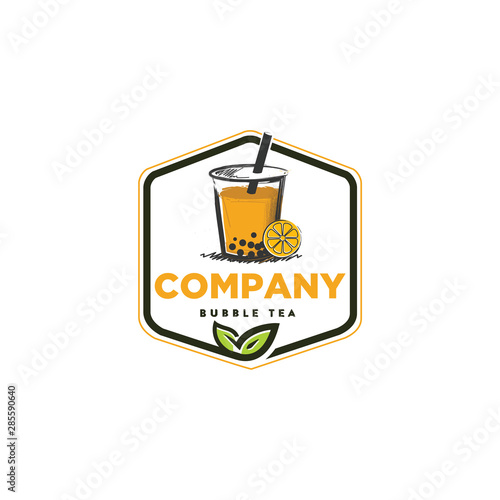 Cute bubble tea vintage drawn logo design, orange color flavor