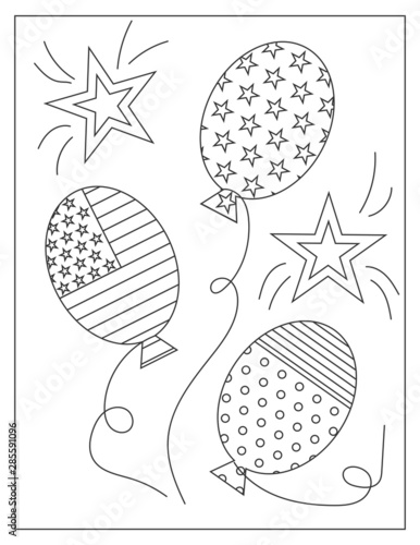 Star-striped balloons and sparkling stars fly into the sky. Coloring page for children and adults