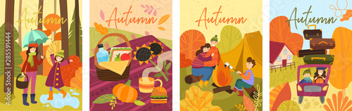 Set of four colorful depictions of autumn life with happy people spending time outdoors
