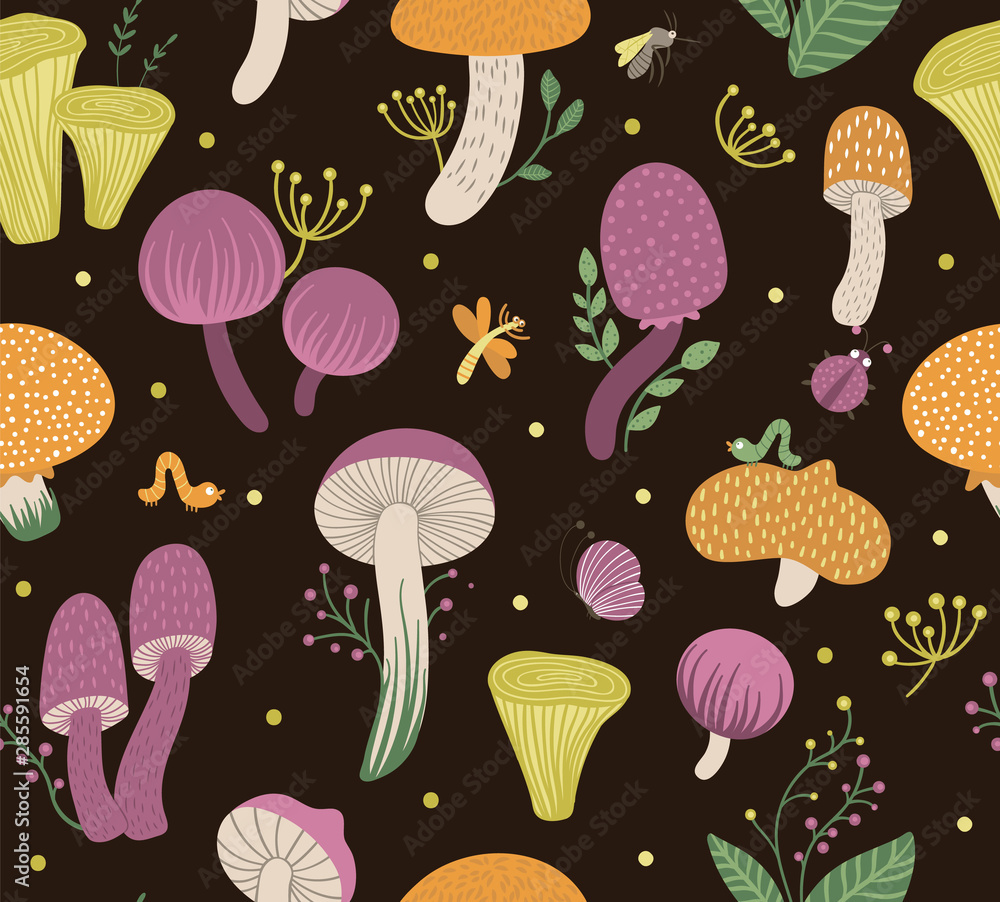 Vector seamless pattern of flat funny mushrooms with berries, leaves and insects. Autumn repeating background for children’s design. Cute fungi illustration on black backdrop. Vector seamless pattern of flat funny mushrooms with berries, leaves and insects. Autumn repeating background for children’s design. Cute fungi illustration on black backdrop.
