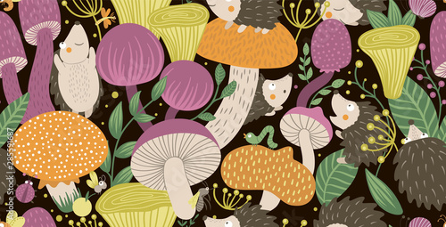 Vector seamless pattern of flat funny mushrooms with hedgehogs, berries, and insects. Autumn repeating background for children’s design. Cute fungi illustration on black backdrop.