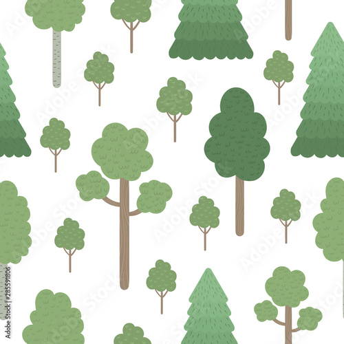 Vector seamless pattern of hand drawn flat trees isolated on white background. Repeat background of forest plants for children   s design. .