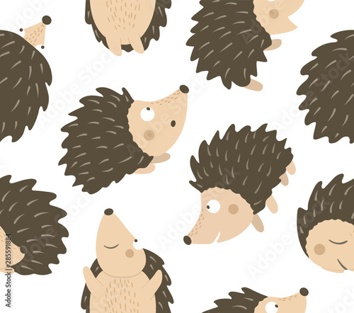 Vector seamless pattern of hand drawn flat funny hedgehogs in different poses. Cute repeat background with woodland animals. Cute animalistic ornament for children’s design. .