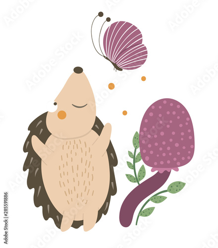 Vector hand drawn flat hedgehog catching a butterfly near purple mushroom. Funny autumn scene with prickly animal having fun. Cute woodland animalistic illustration for children’s design, print