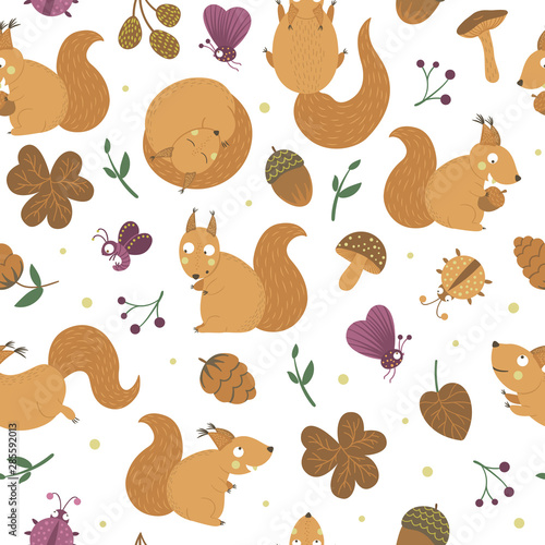 Fototapeta Naklejka Na Ścianę i Meble -  Vector seamless pattern of handdrawn flat funny squirrels with acorns, cones, mushrooms and insects. Autumn repeating background for children’s design. Cute animalistic backdrop.